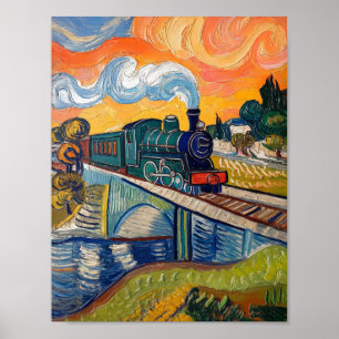 Dampflokomotive überquert Brücke Malerei Poster