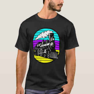 Dampflokomotive Zug Retro 80er Synthwave Sonnenunt T-Shirt