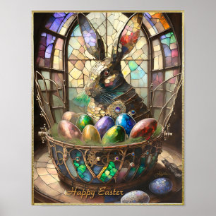 Dampfmaschinen-Osterhase und bunte Eier im Korb Poster