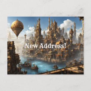 Dampfpunk-Stadt mit Ballon Neue Adresse Postkarte