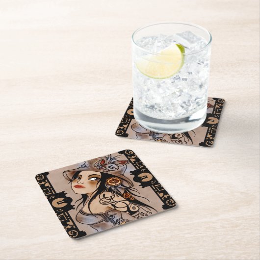 Dampfpunkmädchen-Untersetzer Rechteckiger Pappuntersetzer (Vor Ort)