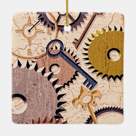 Dampfrad, Getriebe, Schlüssel, Alte Ölfarbe Keramikornament (Rückseite)