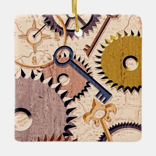 Dampfrad, Getriebe, Schlüssel, Alte Ölfarbe Keramikornament (Vorderseite)