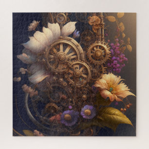 Dampfrad-Zahnräder und lila und weiße Blumen Puzzle