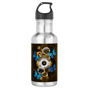 Dampfradantriebe und blaue Schmetterlinge Edelstahlflasche