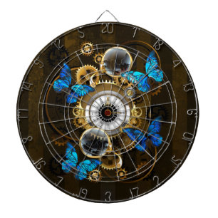 Dampfradar-Zahnräder und blaue Schmetterlinge Dartscheibe