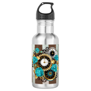 Dampfräderuhr und Türkisrosen auf Gestreift Edelstahlflasche