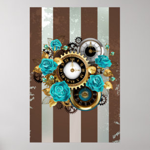 Dampfräderuhr und Türkisrosen auf Gestreift Poster