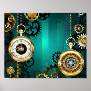 Dampfrück-Uhr auf grünem Hintergrund Poster