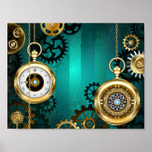 Dampfrück-Uhr auf grünem Hintergrund Poster
