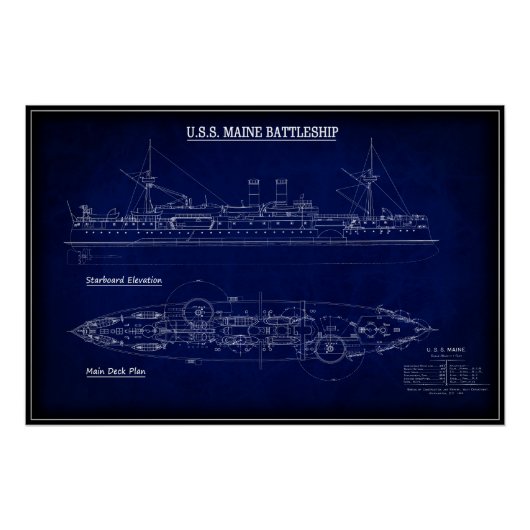 Dampfschiff USS MAINE Blueprint 1894 Poster (Vorderseite)