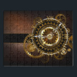 Dampfuhr mit antiken Gängen Puzzle<br><div class="desc">Antike,  fantastische Uhren mit Gold- und Messinggetrieben auf braunem,  rostigem Hintergrund. Steampunkstil.</div>