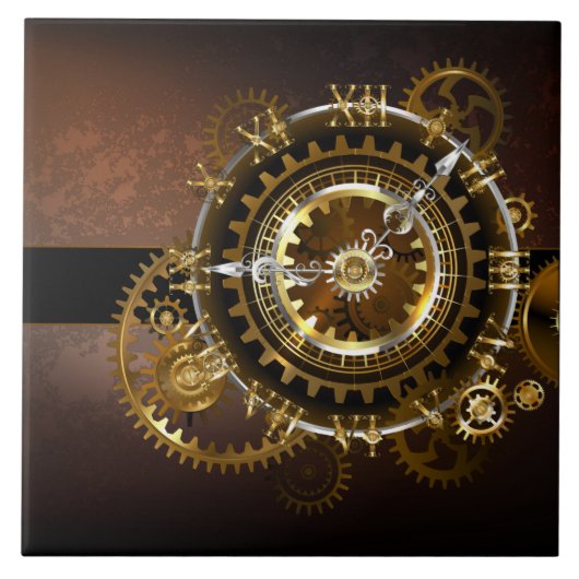 Dampfuhrwerk-Uhr mit antiken Zahnrädern Fliese (Vorderseite)