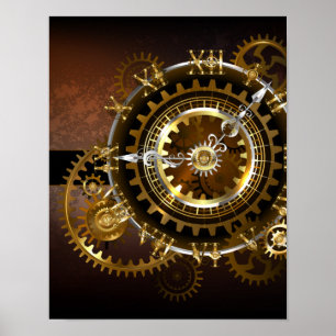 Dampfuhrwerk-Uhr mit antiken Zahnrädern Poster