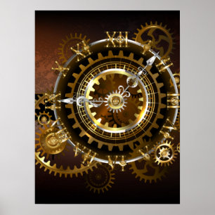 Dampfuhrwerk-Uhr mit antiken Zahnrädern Poster