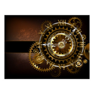 Dampfuhrwerk-Uhr mit antiken Zahnrädern Poster