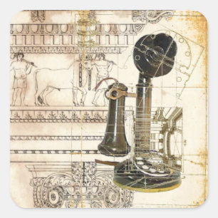 Dampfwelt-Architektur antikes Vintage-Telefon Quadratischer Aufkleber