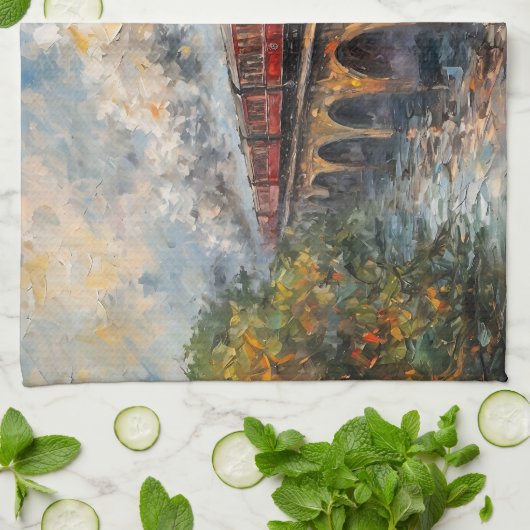 Dampfzug auf einer Brücke - Ölgemälde Geschirrtuch (Gefaltet)