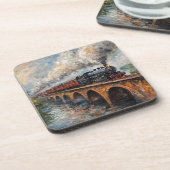 Dampfzug auf einer Brücke - Ölgemälde Getränkeuntersetzer (Linke Seite)