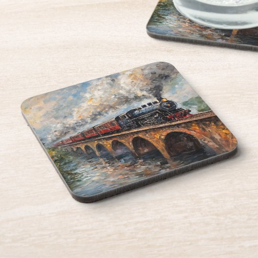 Dampfzug auf einer Brücke - Ölgemälde Getränkeuntersetzer (Linke Seite)