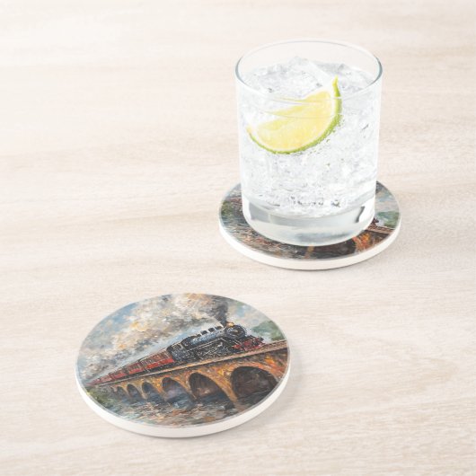 Dampfzug auf einer Brücke - Ölgemälde Getränkeuntersetzer (Seite)
