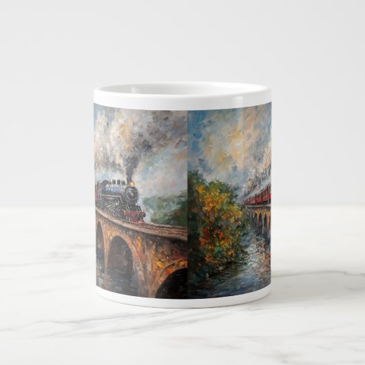 Dampfzug auf einer Brücke - Ölgemälde Jumbo-Tasse (Vorderseite)