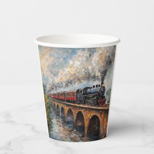 Dampfzug auf einer Brücke - Ölgemälde Pappbecher (Rückseite)