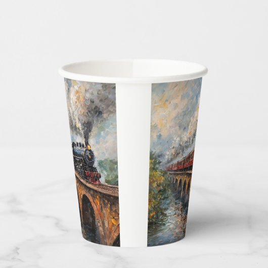 Dampfzug auf einer Brücke - Ölgemälde Pappbecher (Links)
