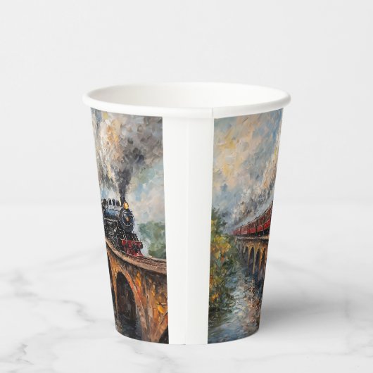 Dampfzug auf einer Brücke - Ölgemälde Pappbecher (Rechts)