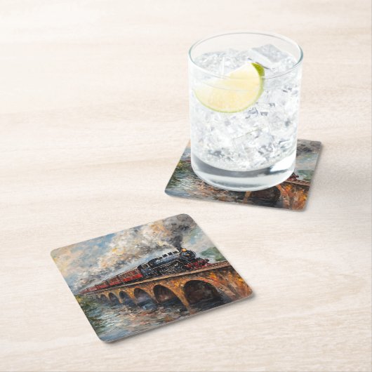 Dampfzug auf einer Brücke - Ölgemälde Rechteckiger Pappuntersetzer (Vor Ort)