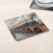 Dampfzug auf einer Brücke - Ölgemälde Rechteckiger Pappuntersetzer (angewinkelt)