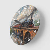 Dampfzug auf einer Brücke - Ölgemälde Runde Wanduhr (Winkel)