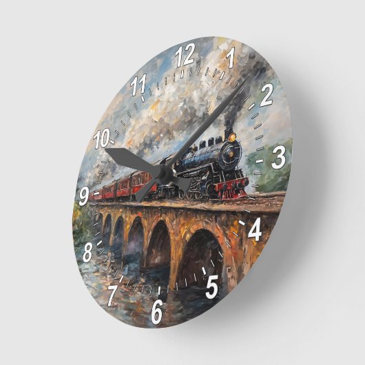 Dampfzug auf einer Brücke - Ölgemälde Runde Wanduhr (Winkel)