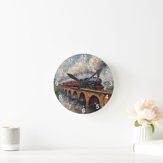 Dampfzug auf einer Brücke - Ölgemälde Runde Wanduhr (Zuhause)