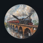 Dampfzug auf einer Brücke - Ölgemälde Runde Wanduhr<br><div class="desc">Kunstwerk von Brady Arnold</div>