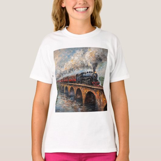 Dampfzug auf einer Brücke - Ölgemälde T-Shirt (Vorderseite)