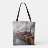 Dampfzug auf einer Brücke - Ölgemälde Tasche (Rückseite)