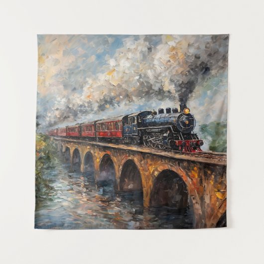 Dampfzug auf einer Brücke - Ölgemälde Wandteppich (Vorderseite)