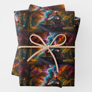 Dampfzug, der sich durch die Bäume im November puf Geschenkpapier Set