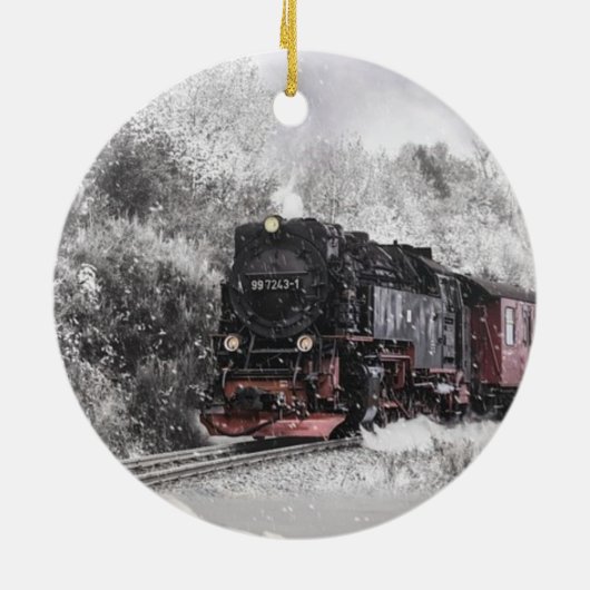 Dampfzug in Schnee Keramik Ornament (Hinten)