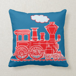 Dampfzug-Lokomotive in hellrot-blauem Wurfkissen Kissen