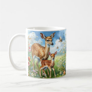 Damwild Rehkalb Steht in Wildblumen Tasse