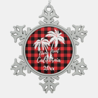 Dana Point California Beach Palm Tree Red Kariert Schneeflocken Zinn-Ornament