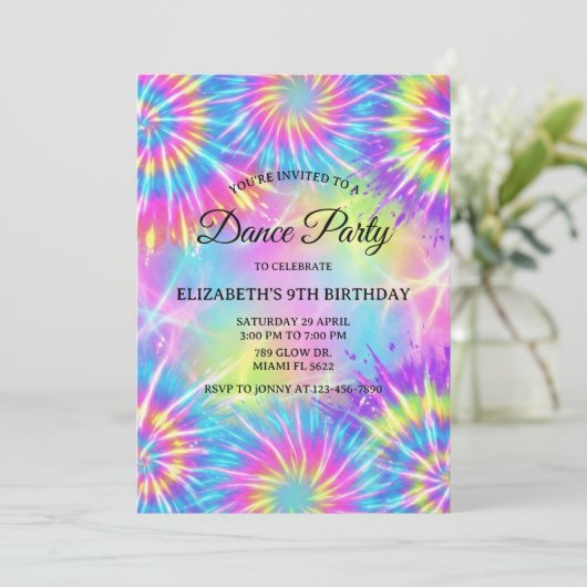Dance Birthday Party Tie Dye Glow Dance Disco Einladung (Stehend Vorderseite)