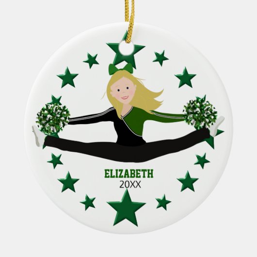 Dance Blonde Cheerleader Grüne Stars und Weiß Keramik Ornament (Vorne)