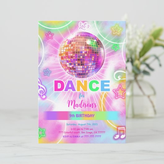 Dance Disco Party Neonfarben Einladung (Stehend Vorderseite)