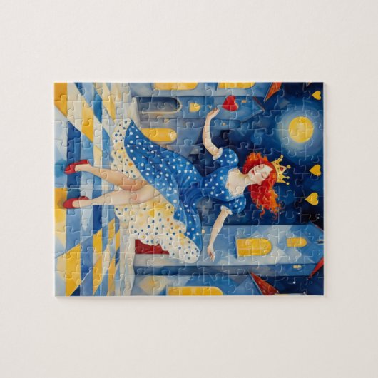 Dance Lady mit Red Hair Blue Dress Gold Crown Puzzle (Horizontal)