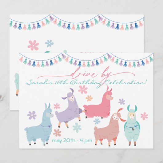Dance no Drama Llamas Drive by Birthday Party Einladung (Vorne/Hinten)