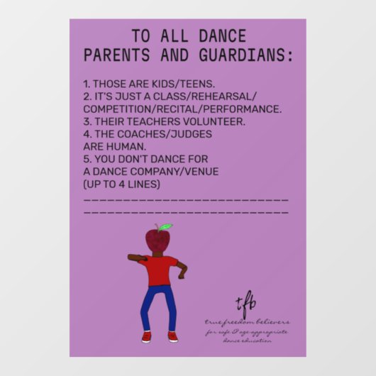 Dance Parent Erinnerung Apple Lavender Fensteraufkleber (Blatt)