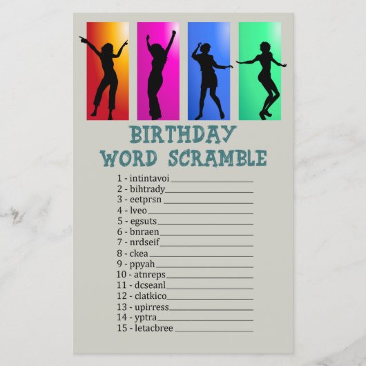 Dance Party Geburtstag Word Scramble Game (Vorderseite)